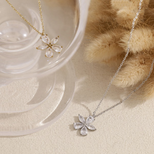 Colliers Pendentifs Pour Femmes En Acier Inoxydable, Étanches, Couleur Or, Avec Zircon Et Motif Floral h5 Image5