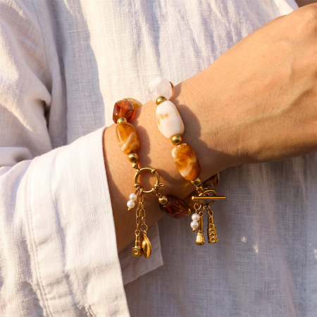 Bracelet classique et élégant pour femme, en acier inoxydable imperméable, perles dégradées, couleur or et pierres naturelles.