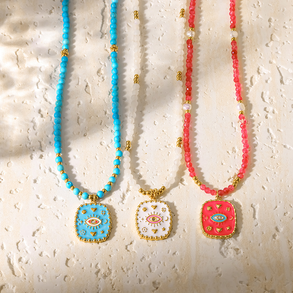 Colliers De Perles Pour Femmes, Style Bohème, Forme Géométrique Œil De Diable, En Acier Inoxydable Étanche Couleur Or Image3