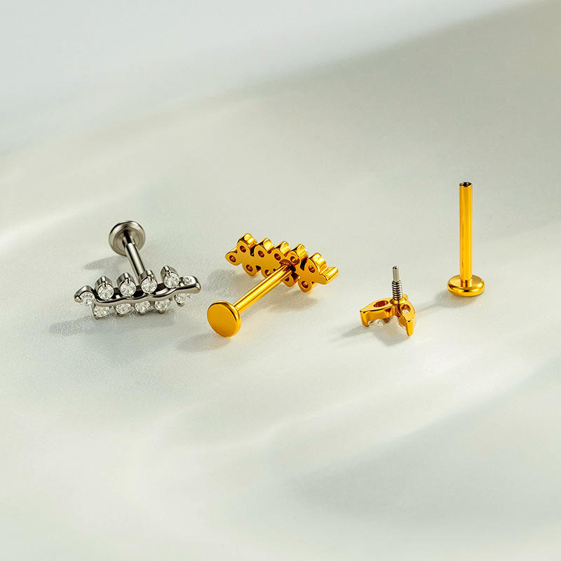 Boucles D'Oreilles Piercing Pour Femme, En Alliage De Titane Doré, Forme Cœur Et Feuille, Avec Zircon. Collection Simple. Image2