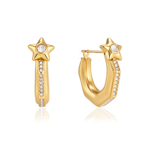 Boucles D'Oreilles Créoles Pour Femmes, Forme Géométrique Simple En Étoile, En Acier Inoxydable Étanche, Couleur Or, Ornées De Strass. h5 Image5