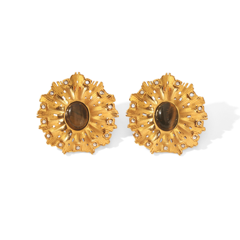Boucles D'Oreilles Puces Pour Femmes, Forme Soleil Rétro, En Acier Inoxydable, Couleur Or, Imperméables, Avec Pierre Naturelle Et Zircon. Image5