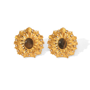Boucles D'Oreilles Puces Pour Femmes, Forme Soleil Rétro, En Acier Inoxydable, Couleur Or, Imperméables, Avec Pierre Naturelle Et Zircon. h5 Image5