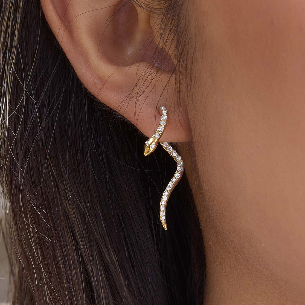 Boucles D'Oreilles Puces Pour Femmes En Acier Inoxydable Doré, Forme Serpent, Étanches, Ornées De Strass Image2