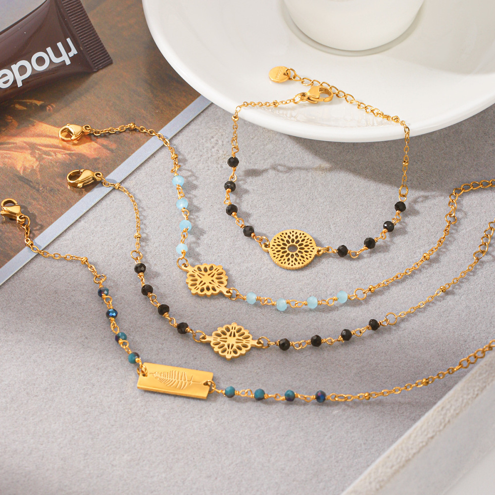 Bracelet À Perles Pour Femme Simple Series Daily Beads, Chaîne Ajourée, Acier Inoxydable, Étanche, Couleur Or Image4