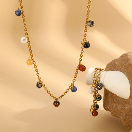 Collier pendentif femme style rétro, chaîne ronde, acier inoxydable, couleur or, pierre naturelle, étanche
