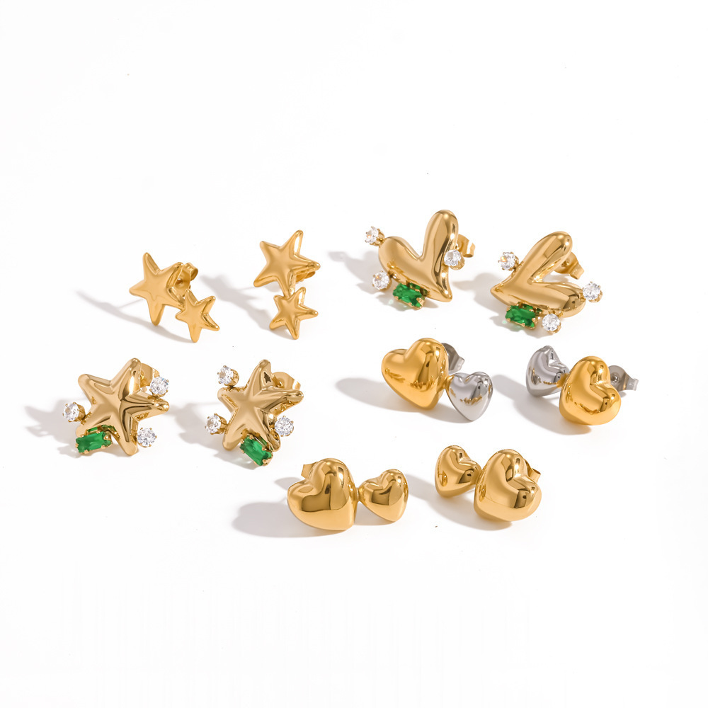 Boucles D'Oreilles Puces Pour Femmes, En Acier Inoxydable Imperméable, Couleur Or, En Forme De Cœur Et D'Étoile, Ornées De Strass. h5Image3