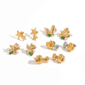Boucles D'Oreilles Puces Pour Femmes, En Acier Inoxydable Imperméable, Couleur Or, En Forme De Cœur Et D'Étoile, Ornées De Strass. h5 Image3