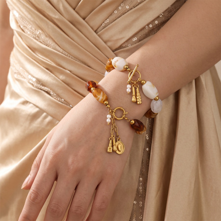 Bracelet classique et élégant pour femme, en acier inoxydable imperméable, perles dégradées, couleur or et pierres naturelles. 2