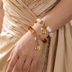 Bracelet Classique Et Élégant Pour Femme, En Acier Inoxydable Imperméable, Perles Dégradées, Couleur Or Et Pierres Naturelles. h5 Image2