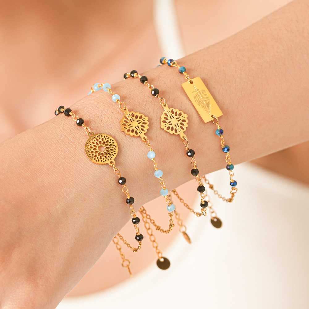 Bracelet À Perles Pour Femme Simple Series Daily Beads, Chaîne Ajourée, Acier Inoxydable, Étanche, Couleur Or Image2