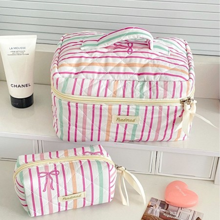 Trousse à maquillage en coton rayé multicolore avec nœud papillon pour femme 2