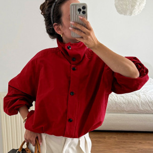 Veste Rouge Décontractée À Col Roulé, Coupe Ample, À Boutons, Longue Et Coupe-Vent, Séchage Rapide, Couleur Unie. h5 Image3