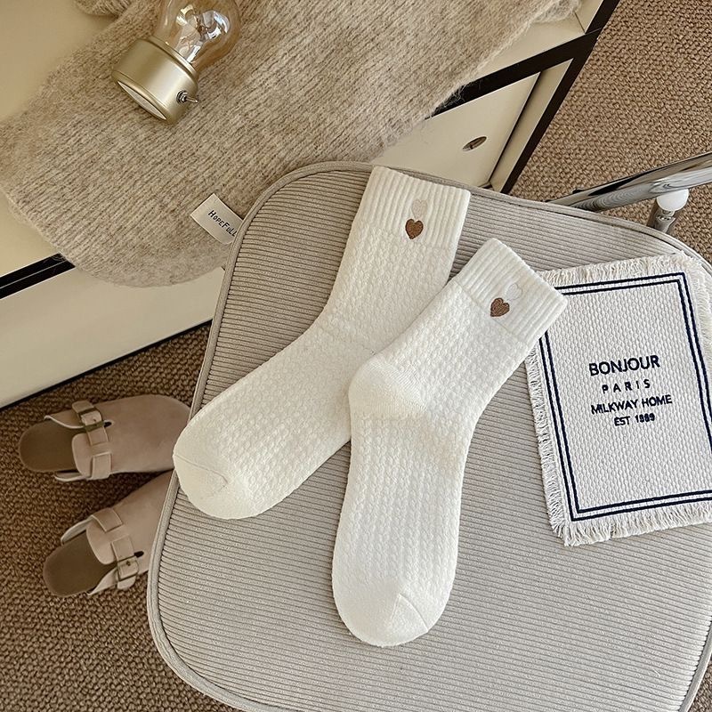 Chaussettes Mi-Mollet Basiques À Cœur, Couleur Unie, Légèrement Rebondissantes, Pour Femmes 