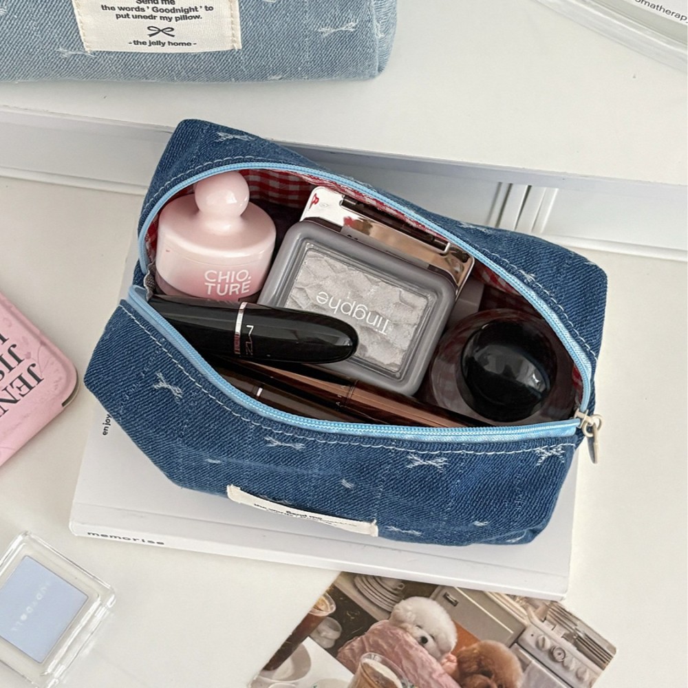 Trousses À Maquillage Pour Femmes En Denim Avec Nœud Papillon h5Image3
