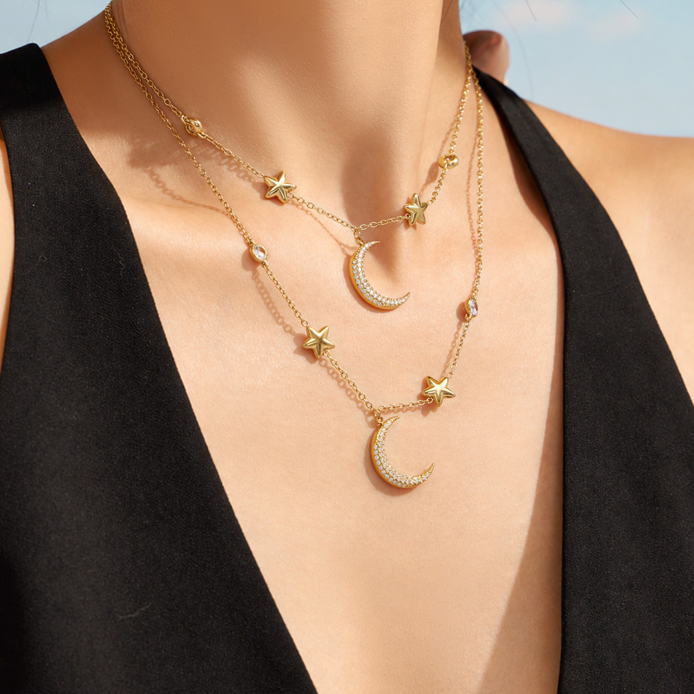 Ensembles De Bijoux Pour Femmes De La Série Luxueuse, Simples Et Irréguliers, En Acier Inoxydable, Étanches, Couleur Or, Avec Zircon, Motif Étoile Et Lune. h5Image4