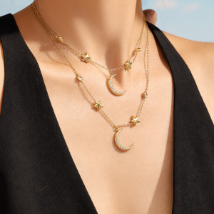 Ensembles De Bijoux Pour Femmes De La Série Luxueuse, Simples Et Irréguliers, En Acier Inoxydable, Étanches, Couleur Or, Avec Zircon, Motif Étoile Et Lune. h5 Image4
