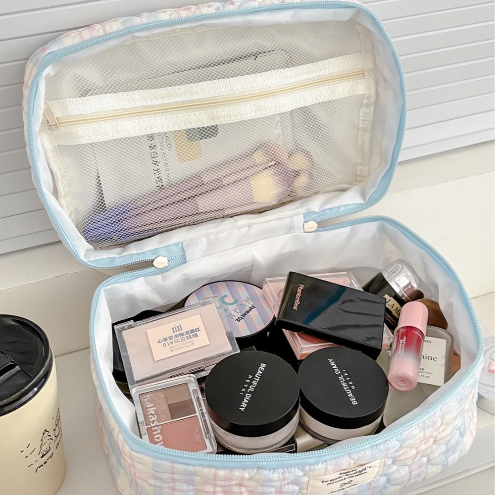Trousses À Maquillage Pour Femmes En Coton À Carreaux Cœur Simple h5Image3