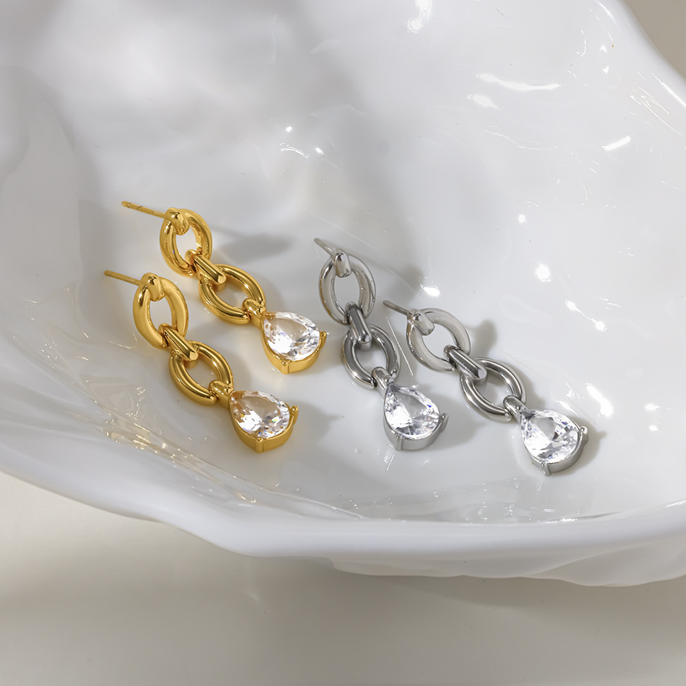Boucles D'Oreilles Pendantes Pour Femme, En Acier Inoxydable, Couleur Or, Avec Zircon Et Chaîne En Forme De Goutte, Série Simple. Image4