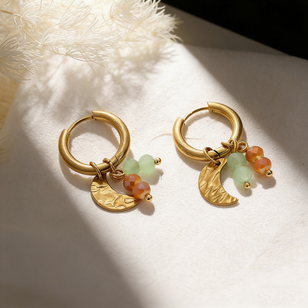 Boucles D'Oreilles Pendantes Pour Femme, Collection Romantique, Motif Papillon, Lune Et Marteau, En Acier Inoxydable Étanche, Couleur Or. Image4