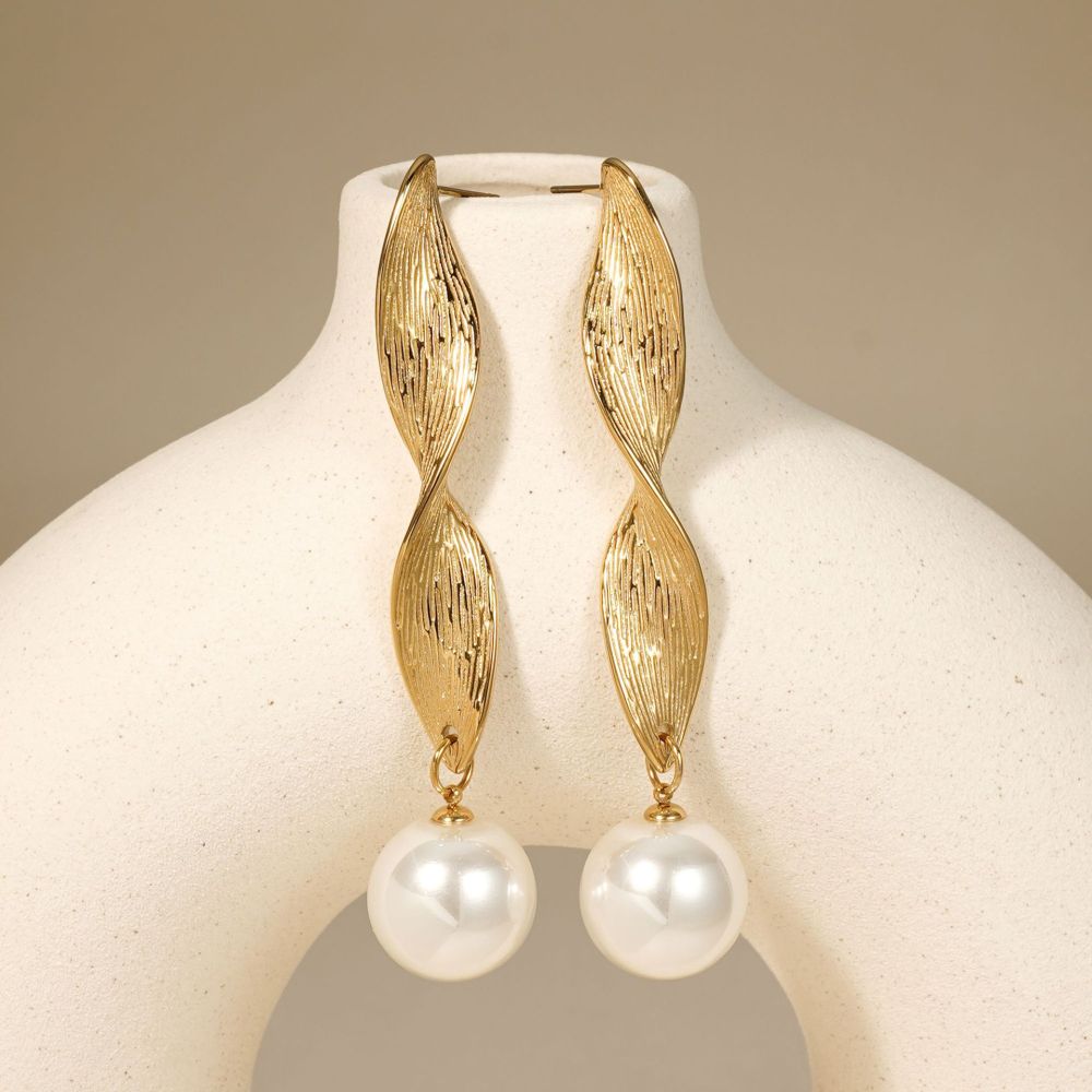 Boucles D'Oreilles Pendantes Pour Femme, En Acier Inoxydable De Forme Irrégulière, Imperméables, Couleur Or, Avec Perles Artificielles. Image3