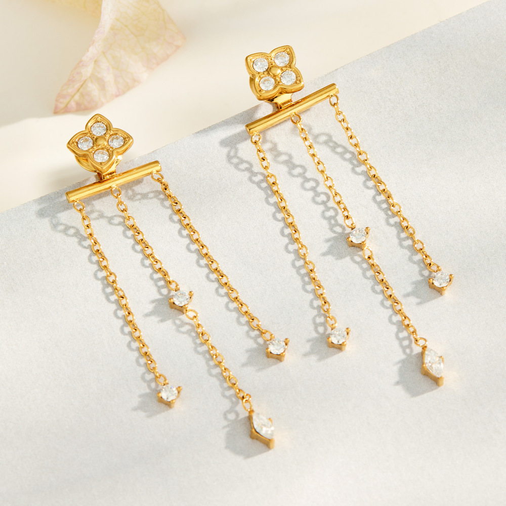Boucles D'Oreilles Pendantes Pour Femme, Élégantes, En Acier Inoxydable, Couleur Or, Avec Pompon Et Fleur, Ornées De Zirconiums Et Imperméables, Collection Romantique Image4
