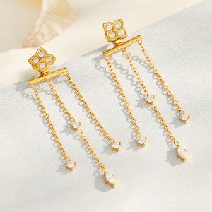Boucles D'Oreilles Pendantes Pour Femme, Élégantes, En Acier Inoxydable, Couleur Or, Avec Pompon Et Fleur, Ornées De Zirconiums Et Imperméables, Collection Romantique h5 Image4