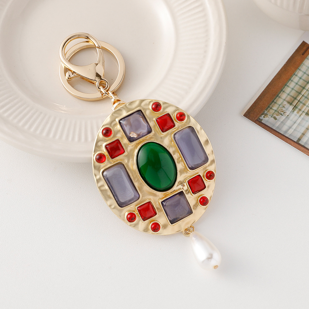 Porte-Clés Classique Rétro En Alliage Et Pierre Artificielle, Forme Géométrique Multicolore, Style Rétro. 