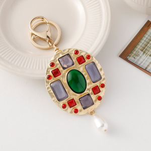 Porte-Clés Classique Rétro En Alliage Et Pierre Artificielle, Forme Géométrique Multicolore, Style Rétro. h5 