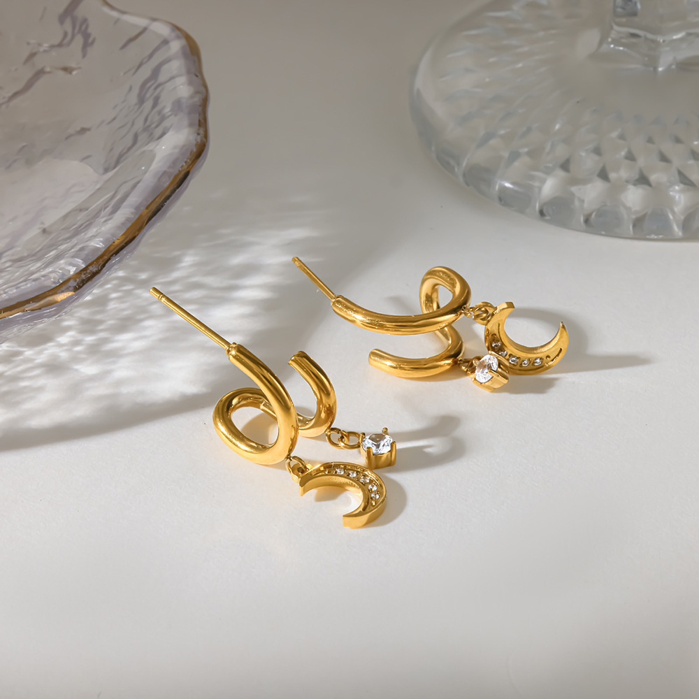 Boucles D'Oreilles Puces Pour Femmes, Collection Romantic Series Daily Lines Moon, En Acier Inoxydable, Couleur Or, Étanches, Avec Zircon. Image3