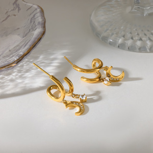 Boucles D'Oreilles Puces Pour Femmes, Collection Romantic Series Daily Lines Moon, En Acier Inoxydable, Couleur Or, Étanches, Avec Zircon. h5 Image3