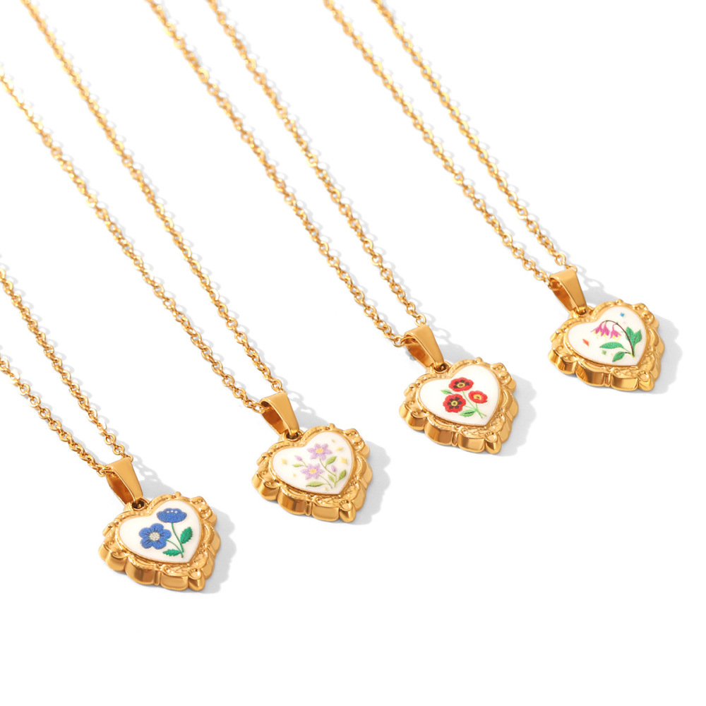Colliers Pendentifs Pour Femmes En Acier Inoxydable, Couleur Or, Avec Pendentif En Forme De Cœur Et Fleur Émaillée, Étanche Image5