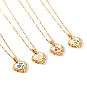Colliers Pendentifs Pour Femmes En Acier Inoxydable, Couleur Or, Avec Pendentif En Forme De Cœur Et Fleur Émaillée, Étanche h5 Image5
