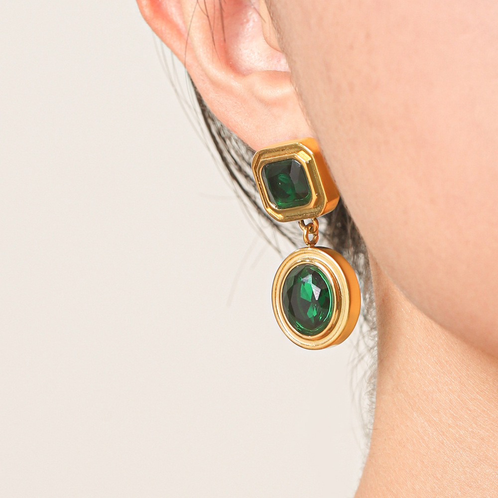 Boucles D'Oreilles Pendantes Rectangulaires Pour Femmes, En Acier Inoxydable Étanche, Couleur Or, Avec Zircon. Image5