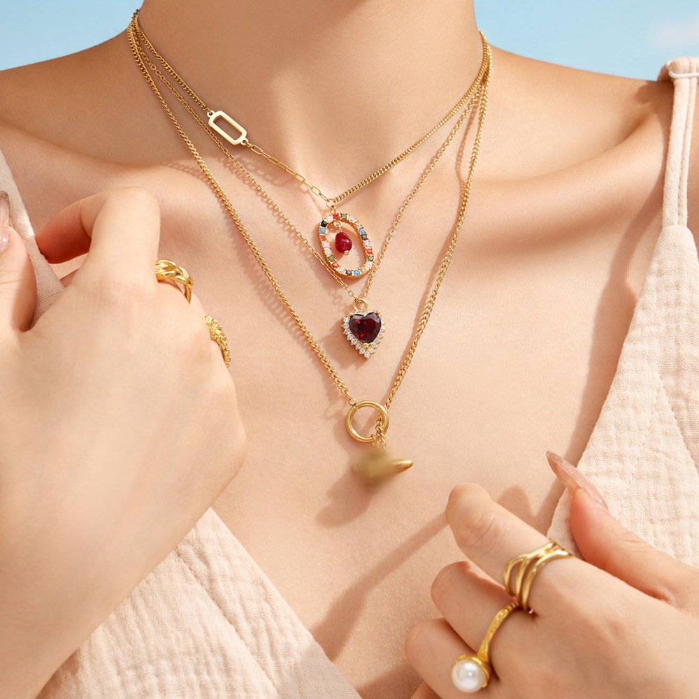 Colliers Pendentifs Pour Femmes En Acier Inoxydable Doré, Ornés D'Un Zircon Et D'Un Cœur Doux, Collection Simple Series Image3