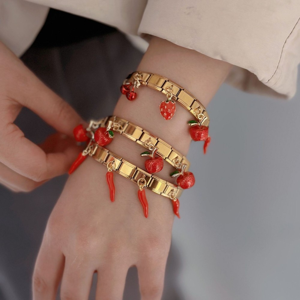 Bracelet Jonc Pour Femme, Collection Luxueuse, Style Rétro, Motif Patchwork De Fruits, Cerise Et Piment, En Acier Inoxydable, Couleur Or, Étanche Image3