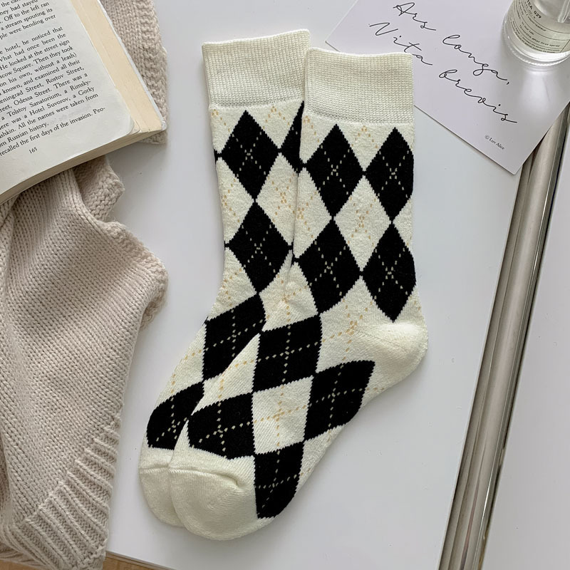Chaussettes Mi-Mollet À Carreaux, Motif Géométrique Basique Et Contraste De Couleurs, Légèrement Rebondissantes 