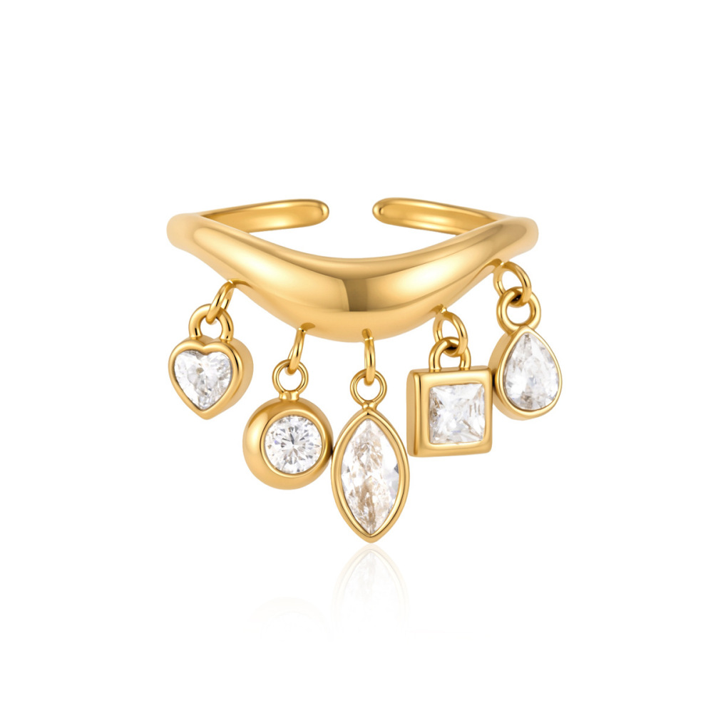 Bague Pour Femme En Acier Inoxydable Doré, Forme Irrégulière, Ornée D'Un Zircon Et Ornée D'Une Goutte D'Eau, Collection Luxe Daily Droplet. Étanche. Image5