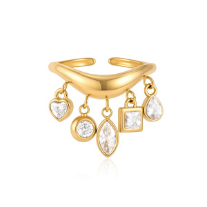 Bague Pour Femme En Acier Inoxydable Doré, Forme Irrégulière, Ornée D'Un Zircon Et Ornée D'Une Goutte D'Eau, Collection Luxe Daily Droplet. Étanche. h5 Image5