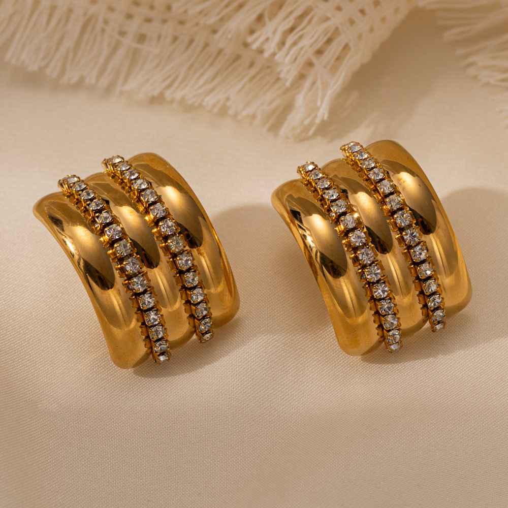 Boucles D'Oreilles Pendantes Pour Femme, En Acier Inoxydable Doré, Forme Géométrique Goutte, Étanches, Zircon, Collection Luxueuse. Image4