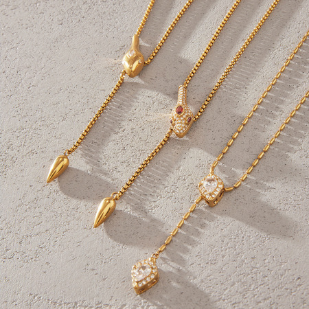 Colliers pendentifs pour femmes en acier inoxydable, forme serpent, couleur or, strass et zircon, étanches