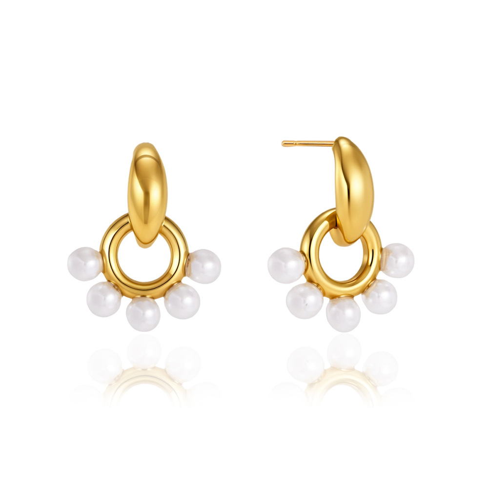 Boucles D'Oreilles Puces Élégantes Et Rondes En Acier Inoxydable Étanche, Couleur Or, De La Collection Simple Series. Image5