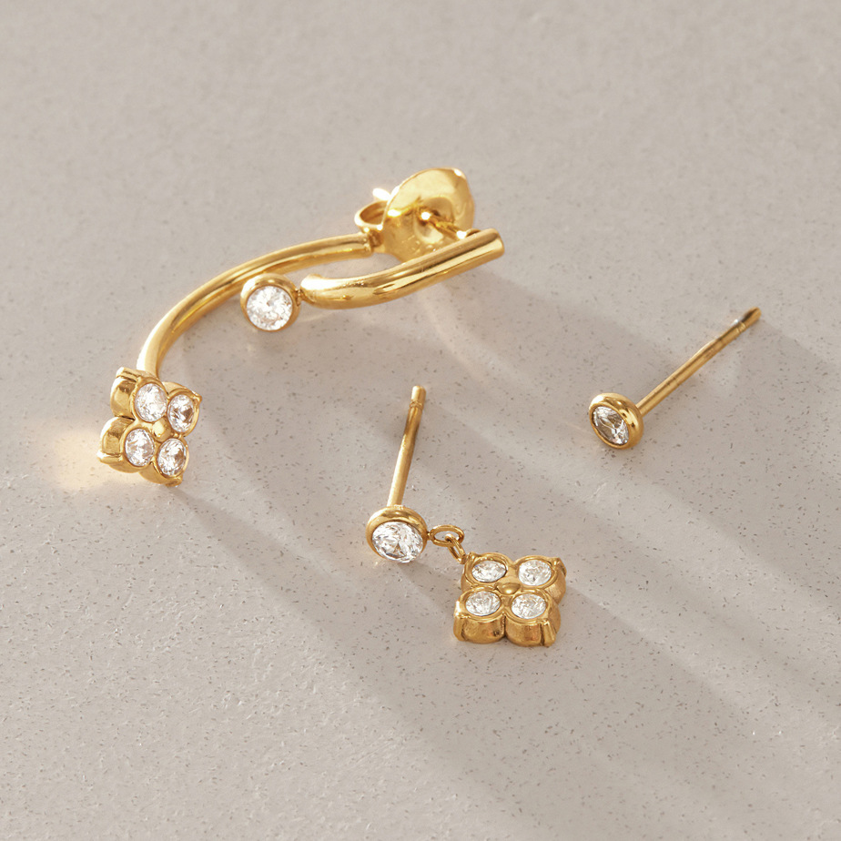 Boucles D'Oreilles Élégantes Clover En Acier Inoxydable Étanche Couleur Or Avec Zircon Pour Femmes h5Image4