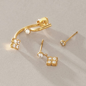 Boucles D'Oreilles Élégantes Clover En Acier Inoxydable Étanche Couleur Or Avec Zircon Pour Femmes h5 Image4