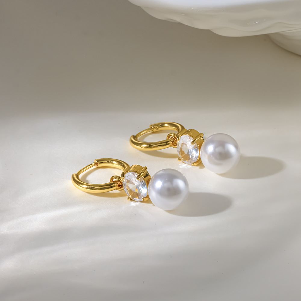 Boucles D'Oreilles Pendantes Pour Femme, Style Elliptique, En Acier Inoxydable, Couleur Or, Avec Zircon, Étanches, Collection Simple Series Daily. Image4