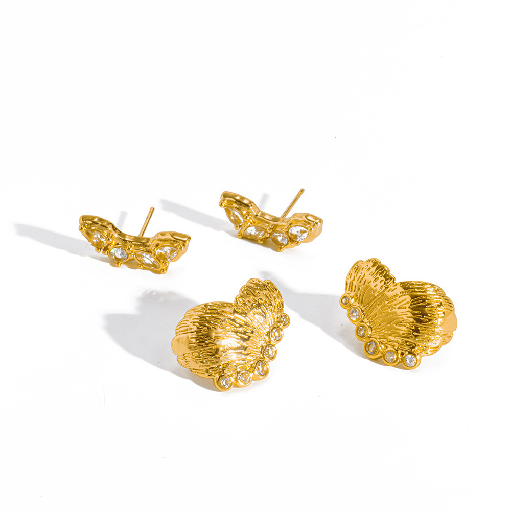 Boucles D'Oreilles Puces Pour Femmes En Acier Inoxydable, Forme Ailes De Papillon, Couleur Or, Zircon, Étanches Image4
