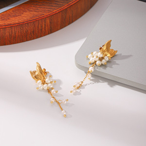 Boucles D'Oreilles Puces Pour Femmes, Modèle Simple Series Daily Tassel Fish, En Acier Inoxydable, Couleur Or, Imperméables, Avec Perles Artificielles. h5 Image5