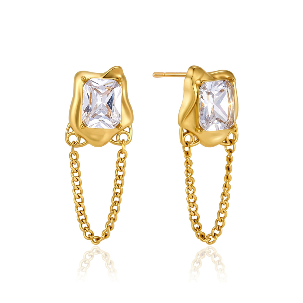 Boucles D'Oreilles Créoles Élégantes Simple Series En Acier Inoxydable Étanche Couleur Or Avec Zircon Pour Femmes Image4
