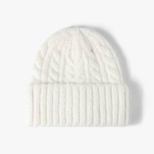 Bonnet Tricoté Pour Femme En Laine Et Polyester Mélangés, Couleur Unie h5 