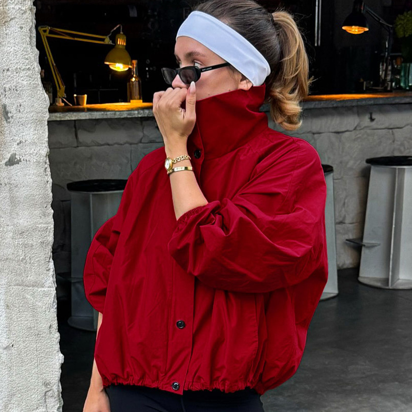 Veste Rouge Décontractée À Col Roulé, Coupe Ample, À Boutons, Longue Et Coupe-Vent, Séchage Rapide, Couleur Unie. h5Image2